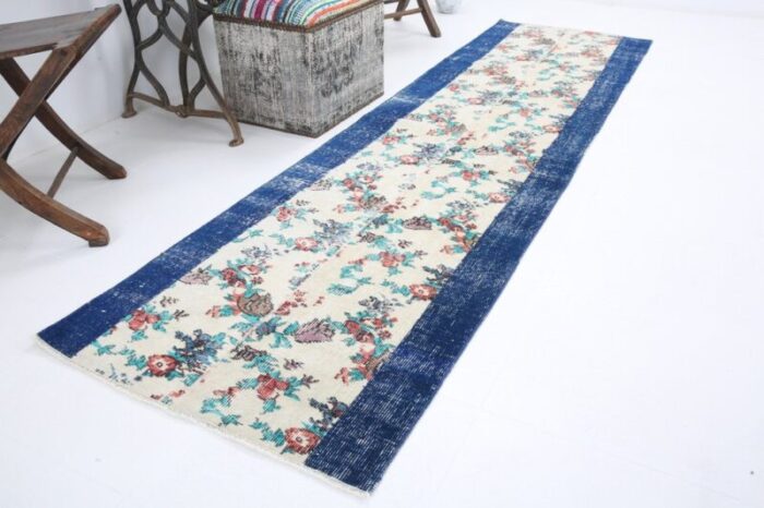 vintage runner rug in blue with floral 6