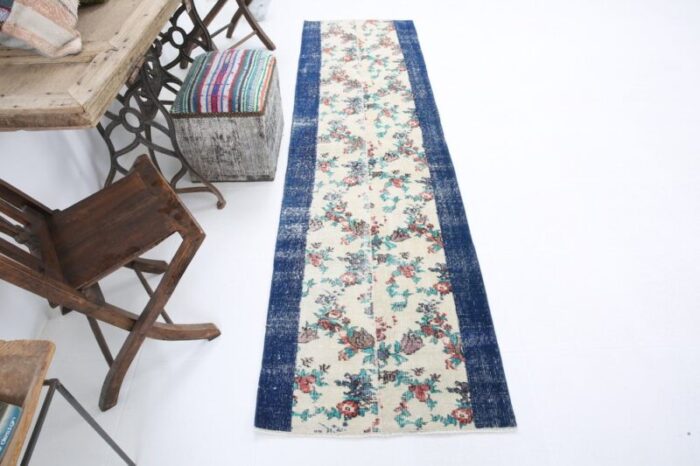 vintage runner rug in blue with floral 7