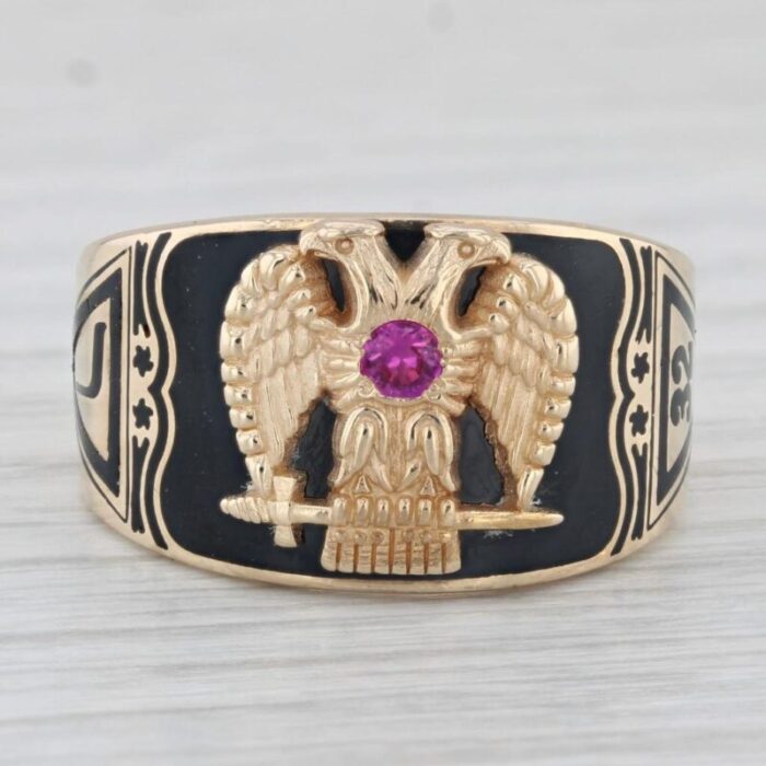 vintage scottish rite ring 10k gold masonic eagle lab created ruby cigar band size 925 8131