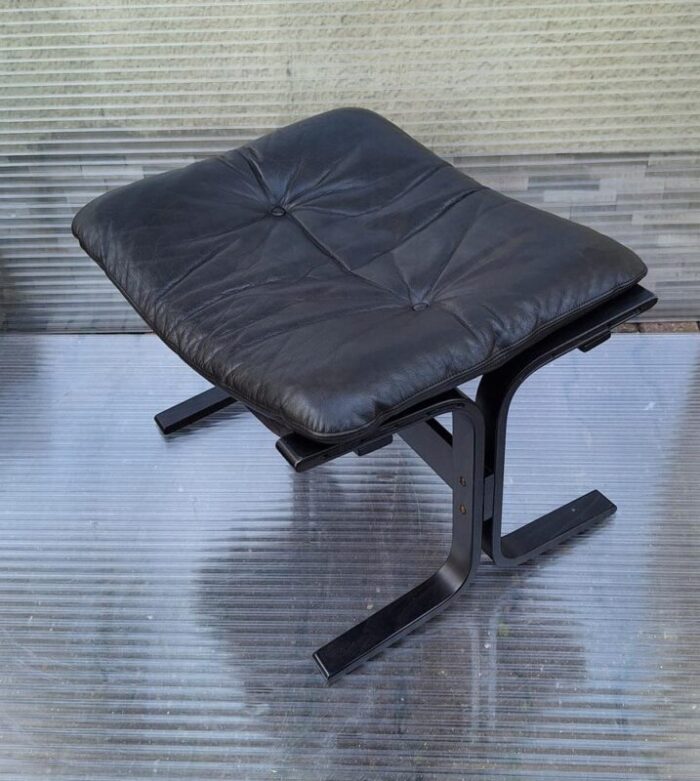 vintage stool with black plywood frame and black leather cushion from westnofa furniture norwegian 1980s 2240