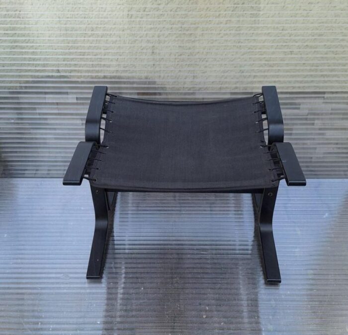 vintage stool with black plywood frame and black leather cushion from westnofa furniture norwegian 1980s 4243