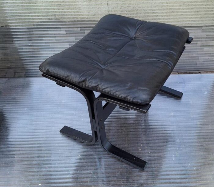 vintage stool with black plywood frame and black leather cushion from westnofa furniture norwegian 1980s 5652