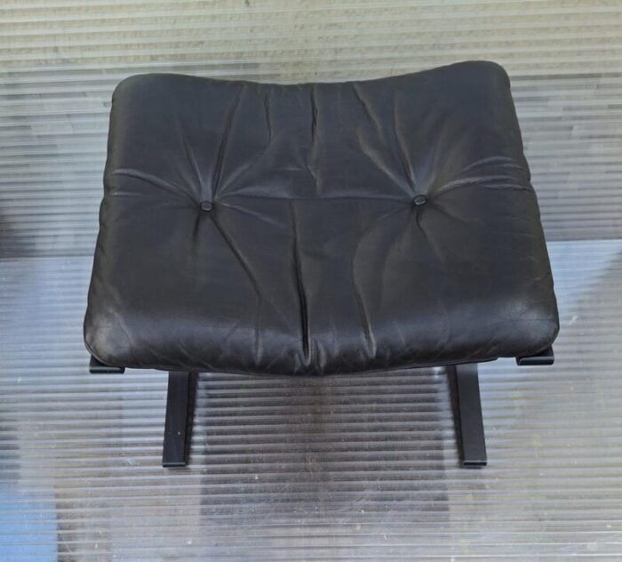 vintage stool with black plywood frame and black leather cushion from westnofa furniture norwegian 1980s 8741