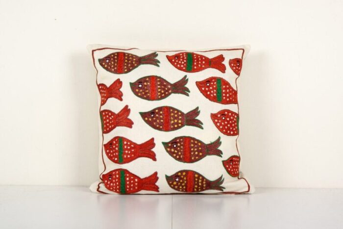 vintage suzani cushion cover with fish design 1