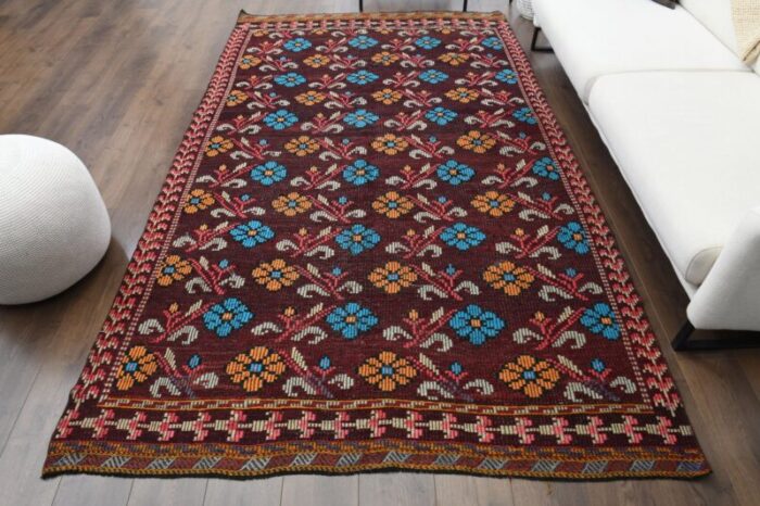 vintage turkish burgundy cacim kilim area rug 1