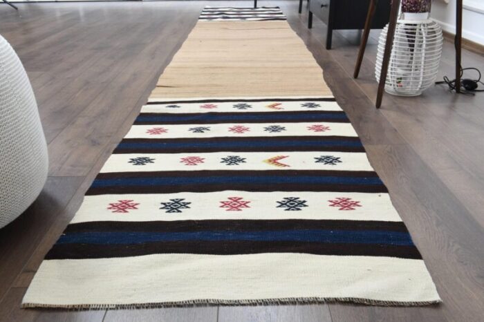 vintage turkish white stripped wool kilim area rug 1