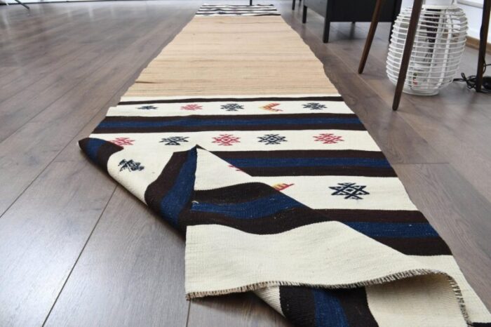 vintage turkish white stripped wool kilim area rug 3