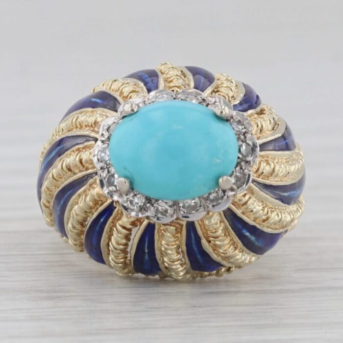 vintage turquoise diamond enamel cocktail ring 14k yellow gold size 575 0334