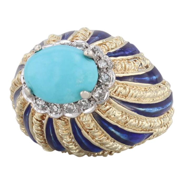 vintage turquoise diamond enamel cocktail ring 14k yellow gold size 575 8897