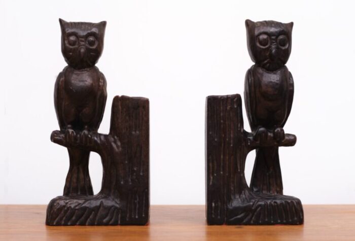 vintage wood owl bookends spain 1960s set of 2 1