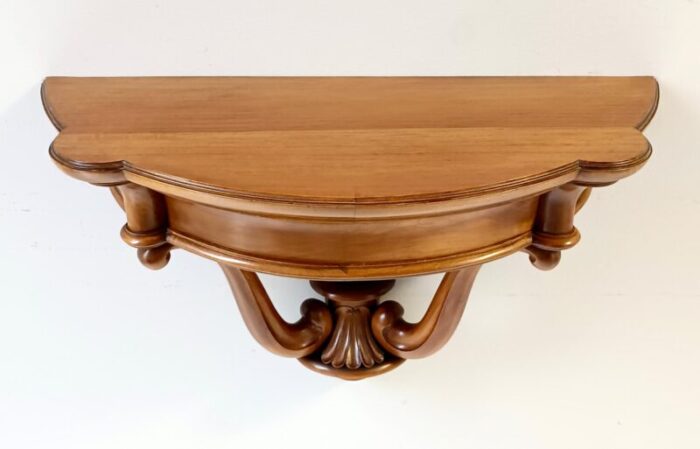 walnut wall mounted demilune console table 1940s 2588